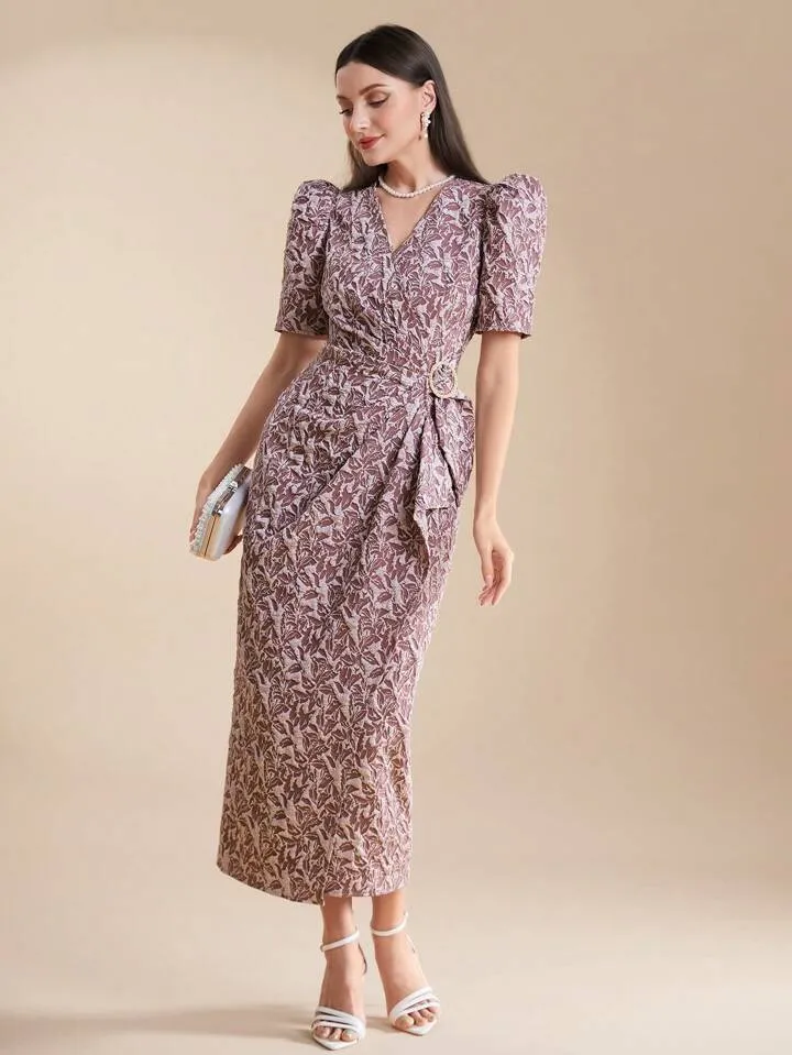CM-DS306795 Women Elegant Seoul Style V-Neck Pleated Gigot Sleeve Wrap Maxi Dress - Pink