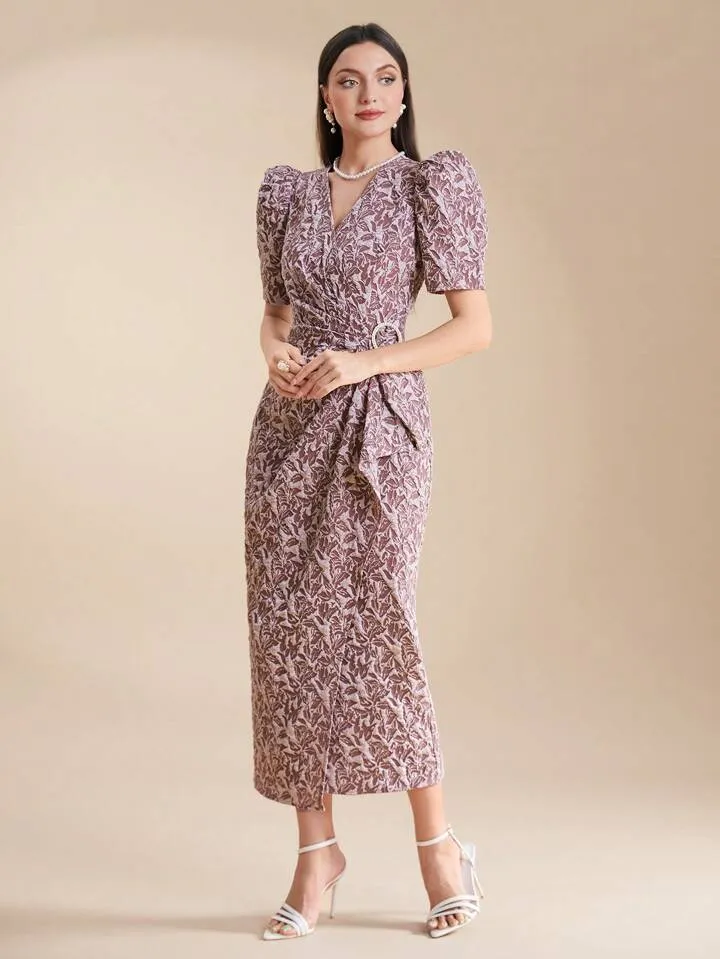 CM-DS306795 Women Elegant Seoul Style V-Neck Pleated Gigot Sleeve Wrap Maxi Dress - Pink