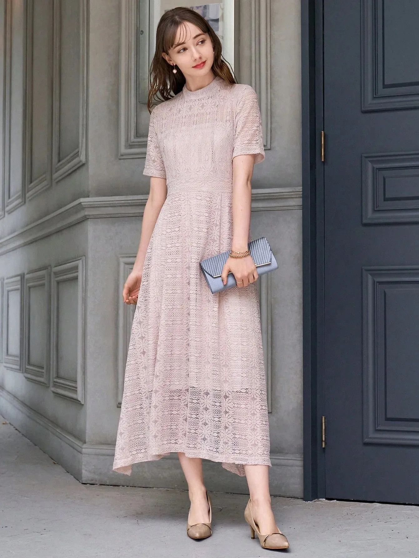 CM-DS357300 Women Elegant Seoul Style Mock Neck Lace A-Line Dress - Pink