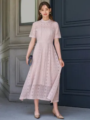 CM-DS357300 Women Elegant Seoul Style Mock Neck Lace A-Line Dress - Pink