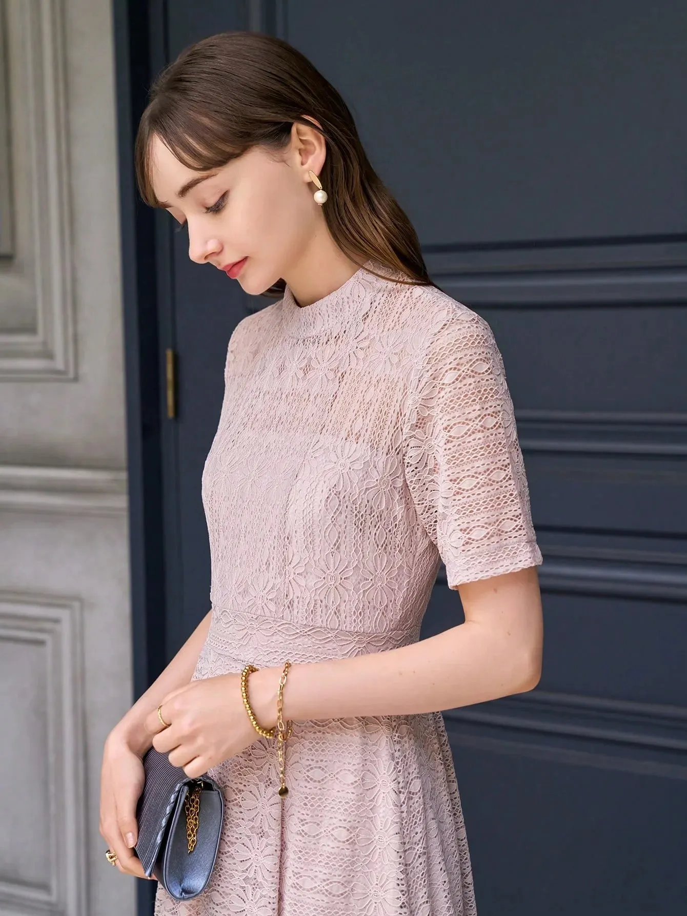 CM-DS357300 Women Elegant Seoul Style Mock Neck Lace A-Line Dress - Pink