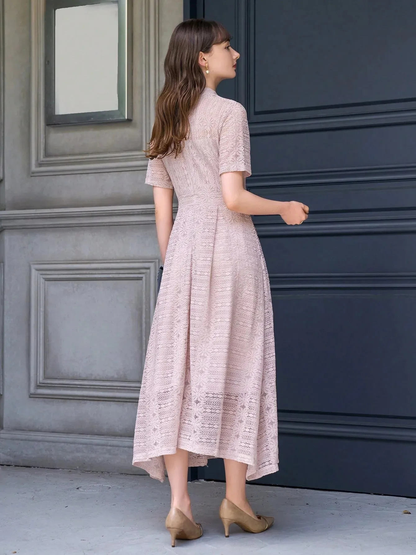 CM-DS357300 Women Elegant Seoul Style Mock Neck Lace A-Line Dress - Pink