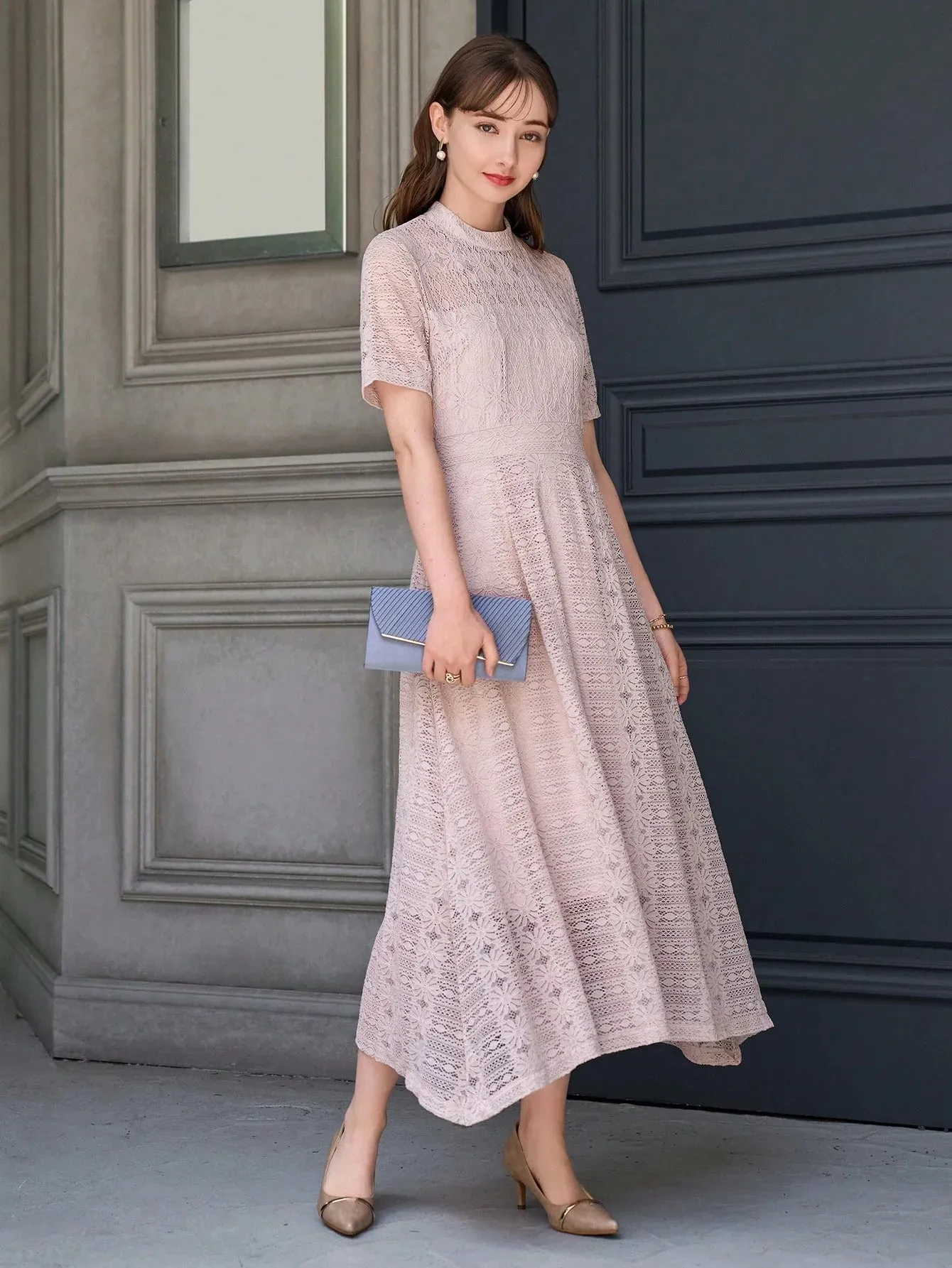 CM-DS357300 Women Elegant Seoul Style Mock Neck Lace A-Line Dress - Pink