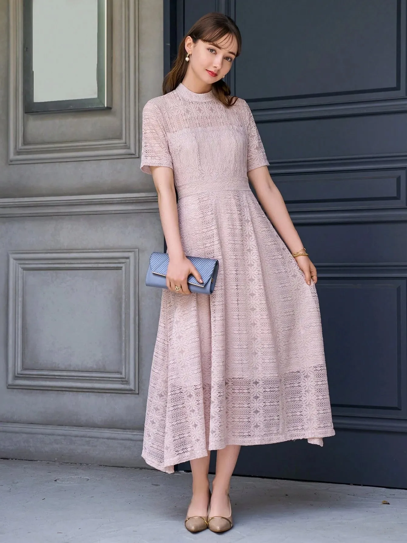 CM-DS357300 Women Elegant Seoul Style Mock Neck Lace A-Line Dress - Pink