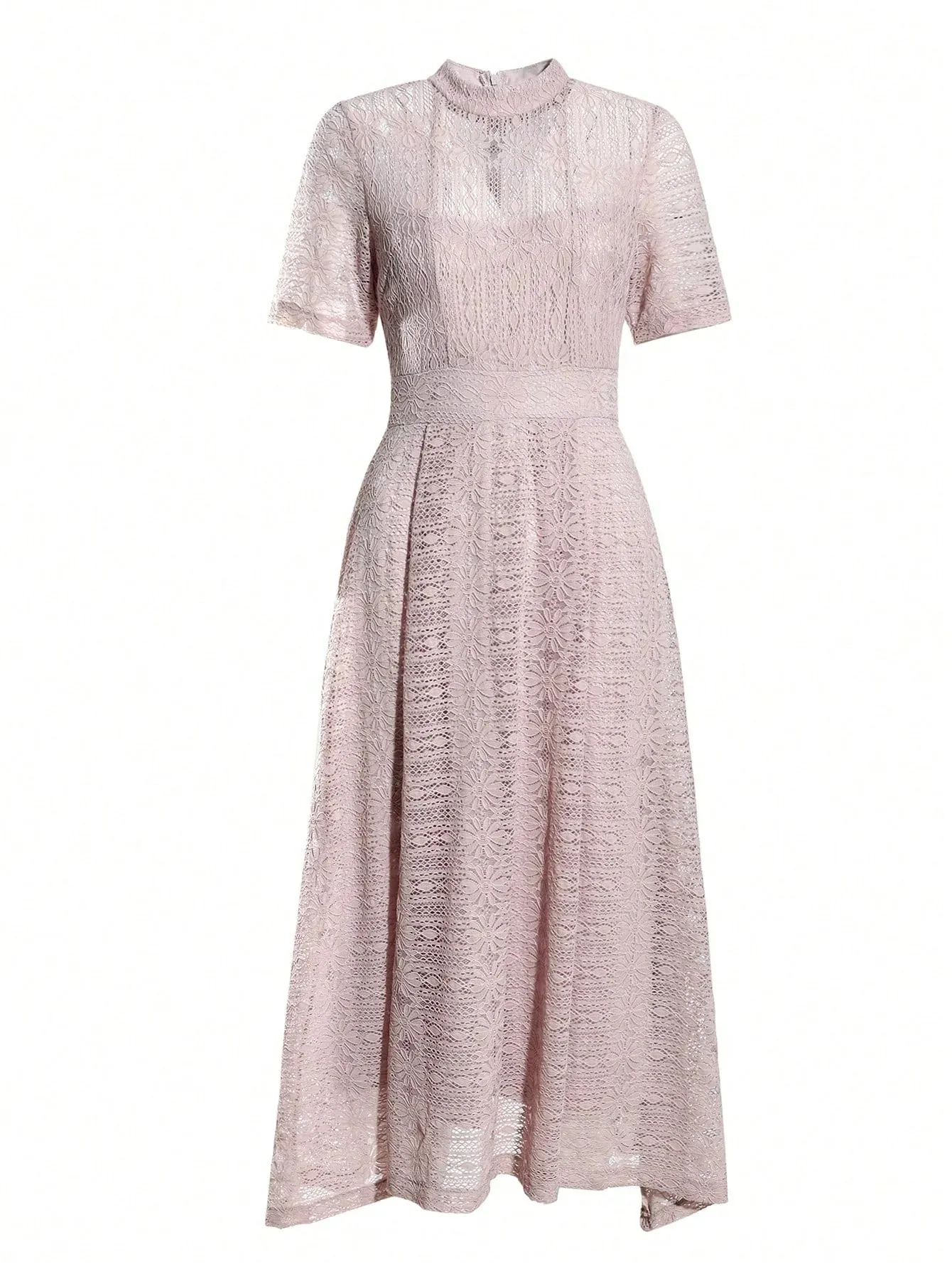 CM-DS357300 Women Elegant Seoul Style Mock Neck Lace A-Line Dress - Pink