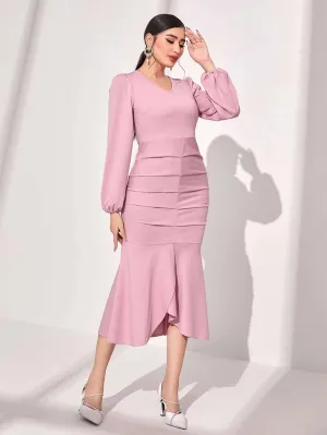 CM-DS382825 Women Elegant Seoul Style V-Neck Lantern Sleeve Mermaid Hem Dress - Pink