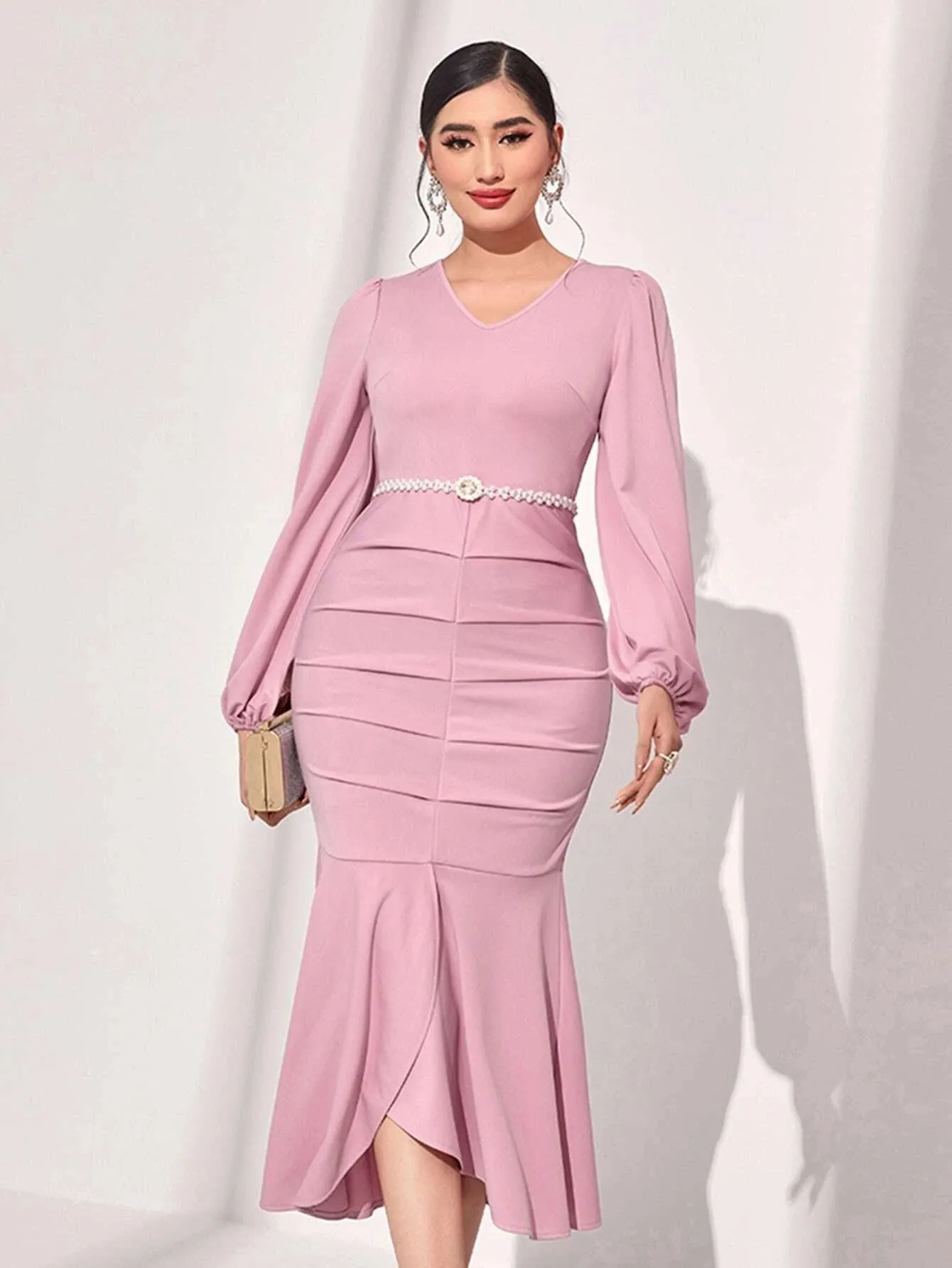 CM-DS382825 Women Elegant Seoul Style V-Neck Lantern Sleeve Mermaid Hem Dress - Pink