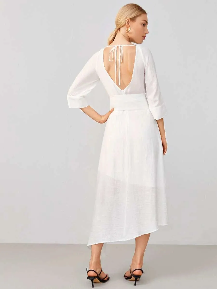 CM-DS624404 Women Elegant Seoul Style Cowl Neck Low Back Tie Waist High Split Dress