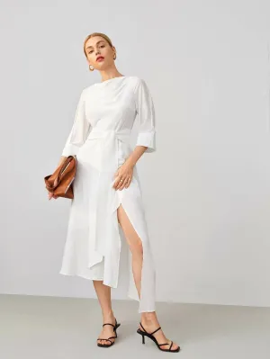 CM-DS624404 Women Elegant Seoul Style Cowl Neck Low Back Tie Waist High Split Dress