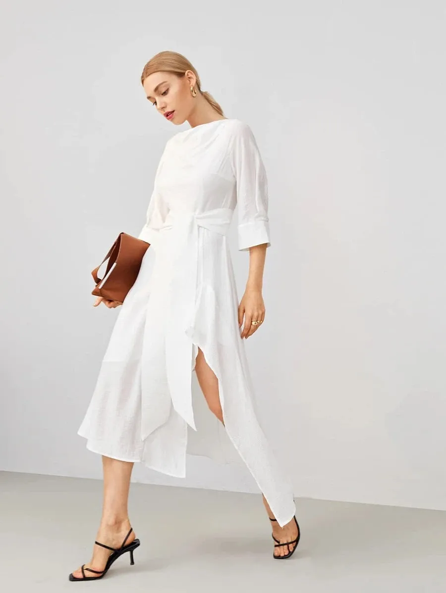 CM-DS624404 Women Elegant Seoul Style Cowl Neck Low Back Tie Waist High Split Dress