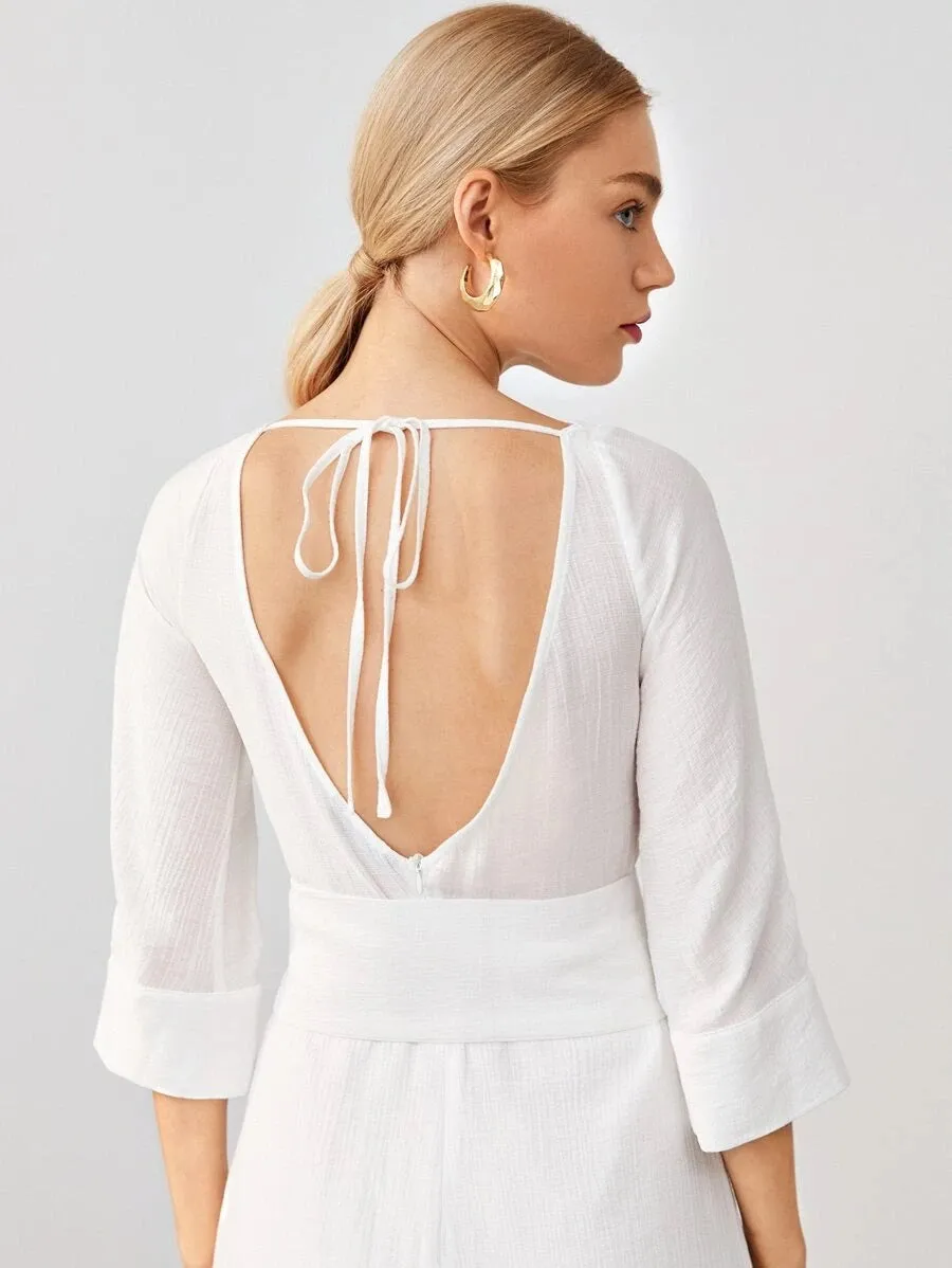 CM-DS624404 Women Elegant Seoul Style Cowl Neck Low Back Tie Waist High Split Dress