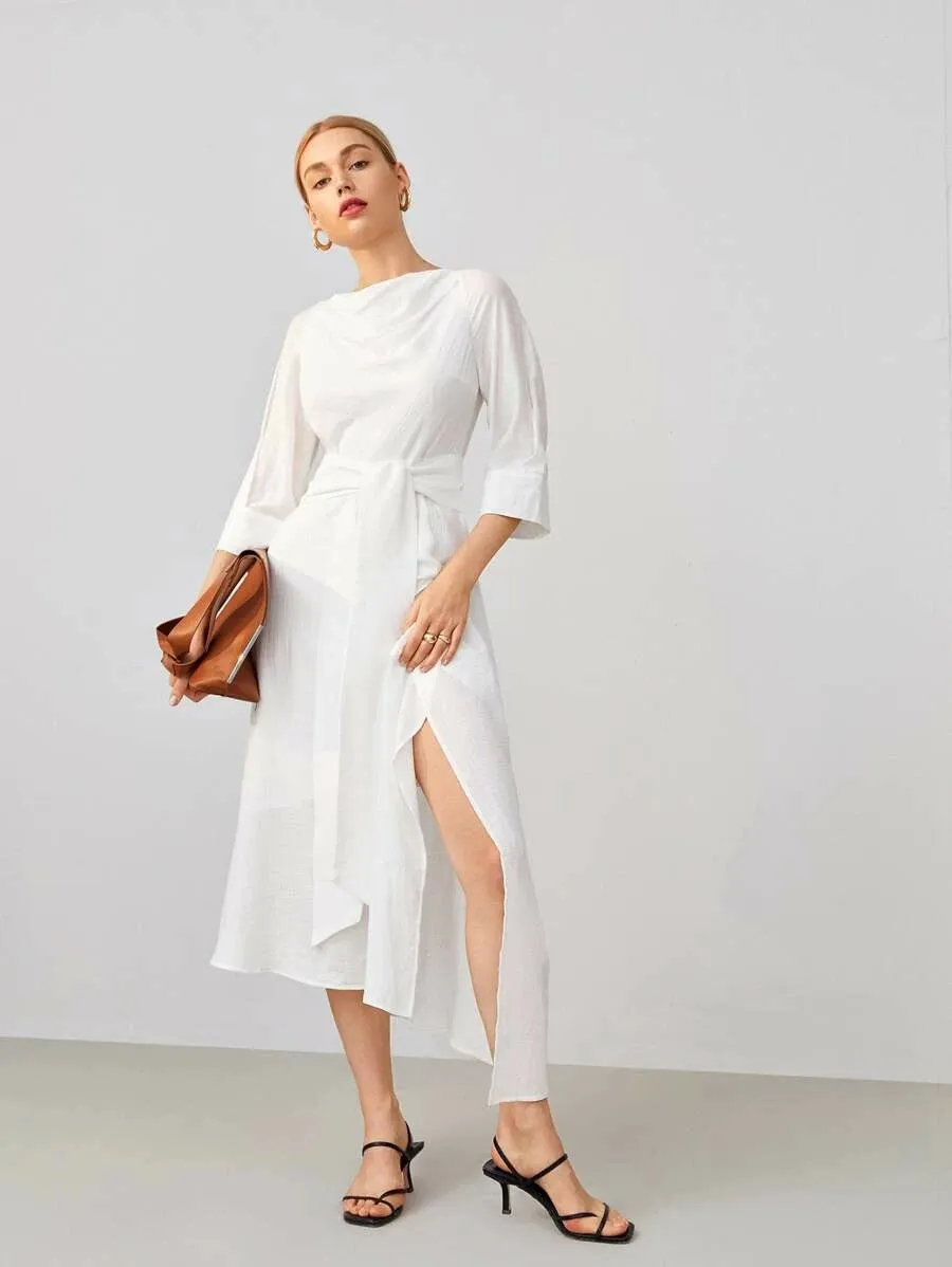 CM-DS624404 Women Elegant Seoul Style Cowl Neck Low Back Tie Waist High Split Dress