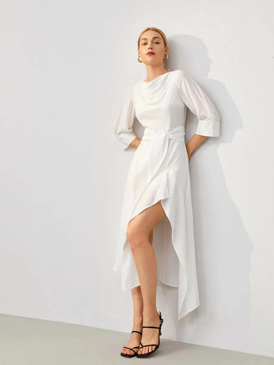 CM-DS624404 Women Elegant Seoul Style Cowl Neck Low Back Tie Waist High Split Dress