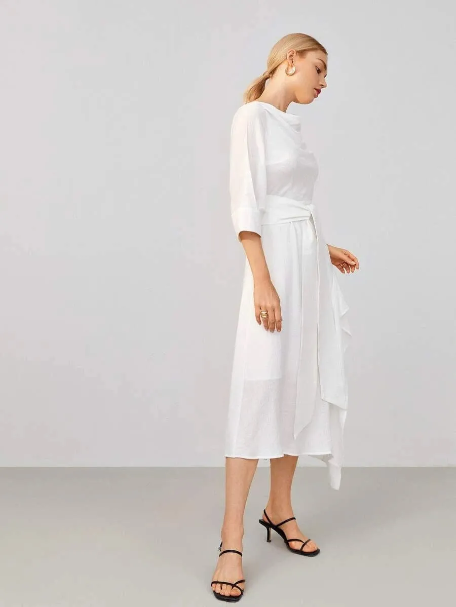 CM-DS624404 Women Elegant Seoul Style Cowl Neck Low Back Tie Waist High Split Dress