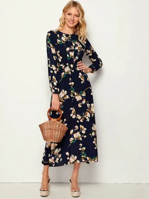 CM-DS717616 Women Casual Seoul Style Floral Print Elastic Waist Long Sleeve Maxi Dress - Navy Blue