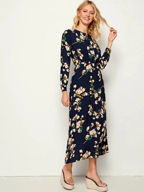 CM-DS717616 Women Casual Seoul Style Floral Print Elastic Waist Long Sleeve Maxi Dress - Navy Blue