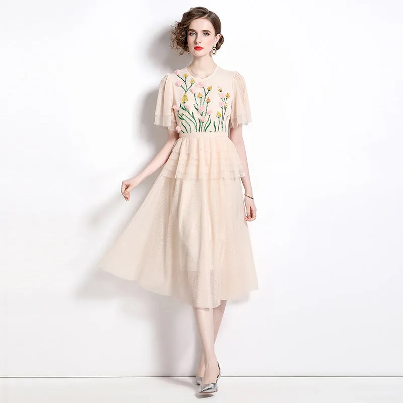 CM-DY009855 Women Elegant European Style Round Neck Short Sleeve Midi Dress - Apricot