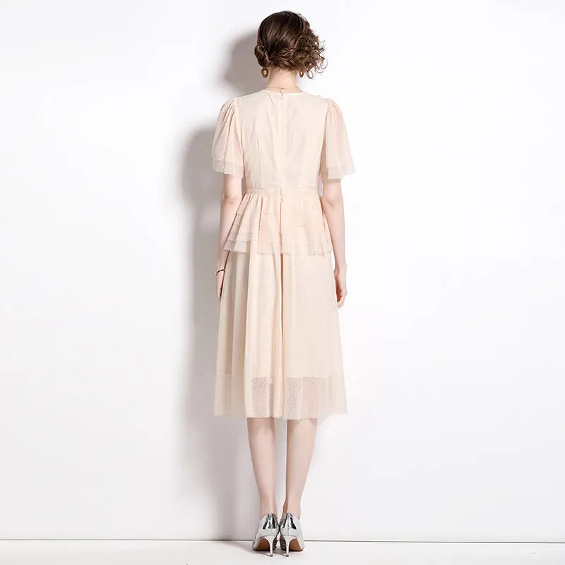 CM-DY009855 Women Elegant European Style Round Neck Short Sleeve Midi Dress - Apricot