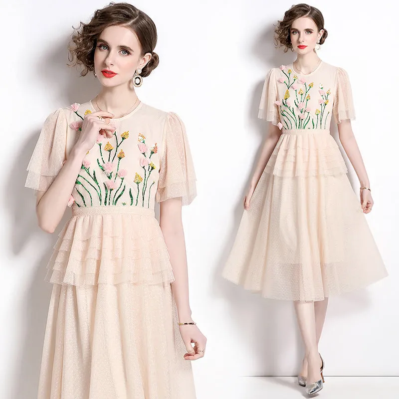 CM-DY009855 Women Elegant European Style Round Neck Short Sleeve Midi Dress - Apricot