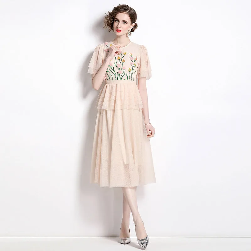 CM-DY009855 Women Elegant European Style Round Neck Short Sleeve Midi Dress - Apricot