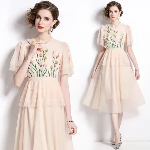 CM-DY009855 Women Elegant European Style Round Neck Short Sleeve Midi Dress - Apricot