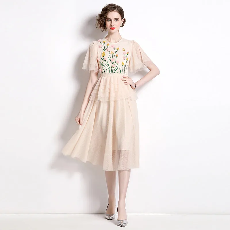 CM-DY009855 Women Elegant European Style Round Neck Short Sleeve Midi Dress - Apricot