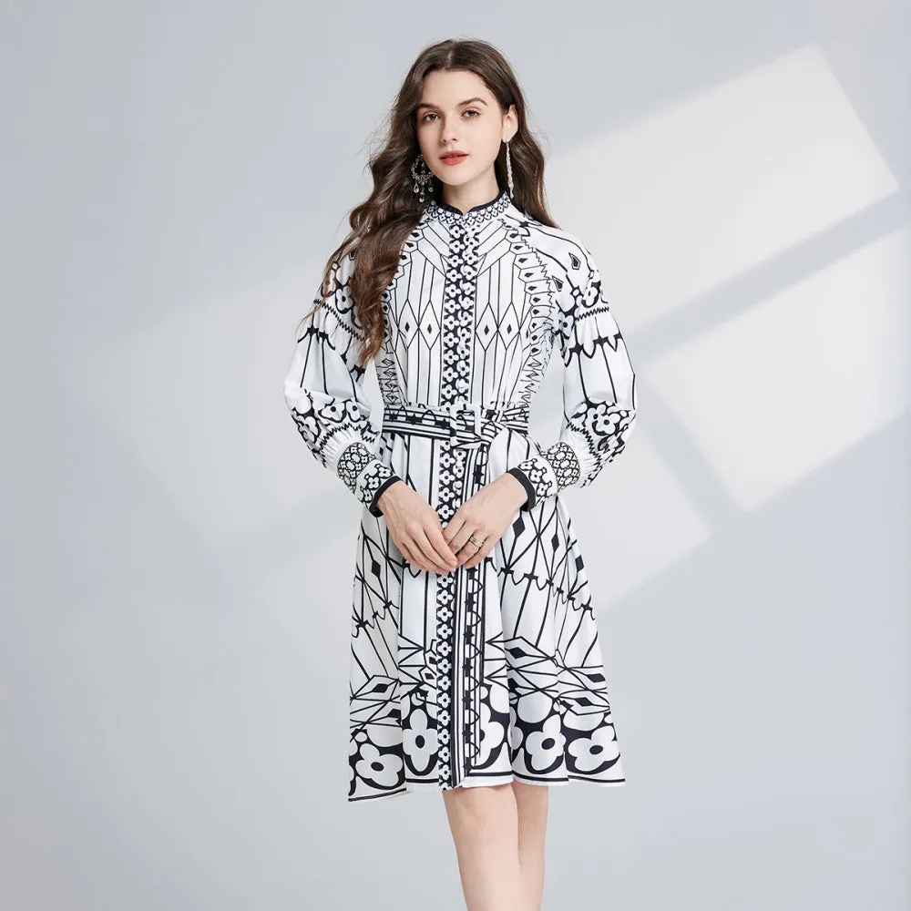 CM-DY024083 Women Elegant European Style Stand Collar Lantern Sleeve Midi Dress