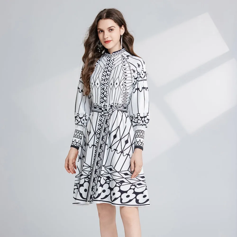 CM-DY024083 Women Elegant European Style Stand Collar Lantern Sleeve Midi Dress