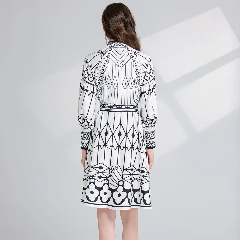 CM-DY024083 Women Elegant European Style Stand Collar Lantern Sleeve Midi Dress