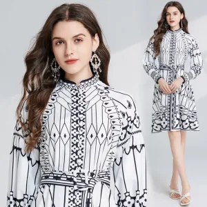 CM-DY024083 Women Elegant European Style Stand Collar Lantern Sleeve Midi Dress