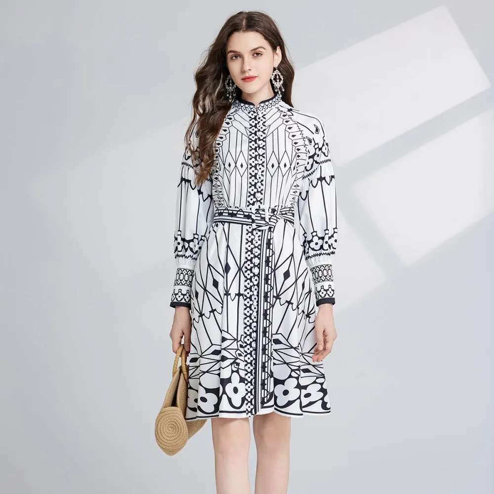 CM-DY024083 Women Elegant European Style Stand Collar Lantern Sleeve Midi Dress
