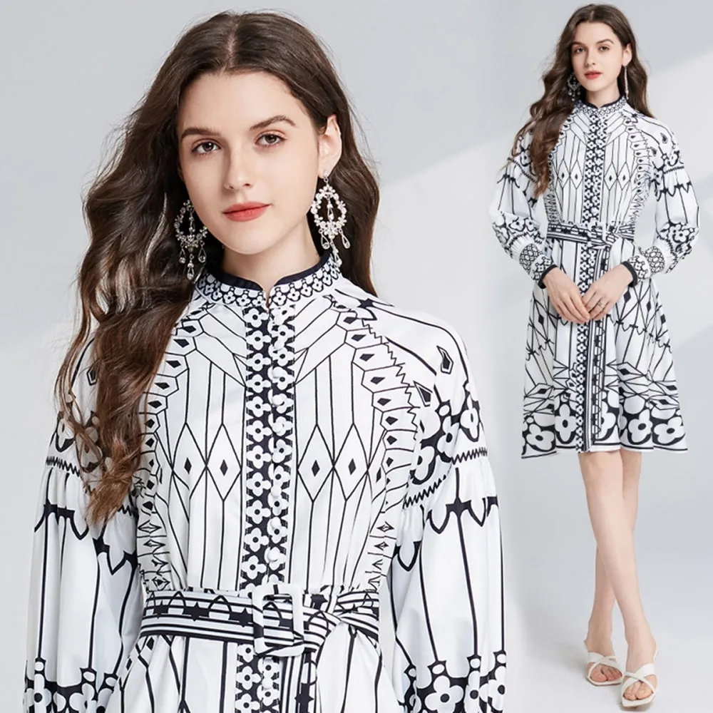 CM-DY024083 Women Elegant European Style Stand Collar Lantern Sleeve Midi Dress