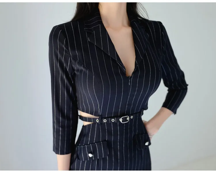 CM-DY026069 Women Elegant Seoul Style Stripe Collar Neckline 3/4 Sleeve Mini Dress