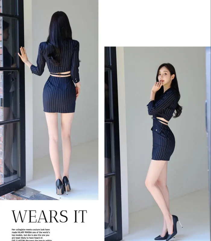 CM-DY026069 Women Elegant Seoul Style Stripe Collar Neckline 3/4 Sleeve Mini Dress