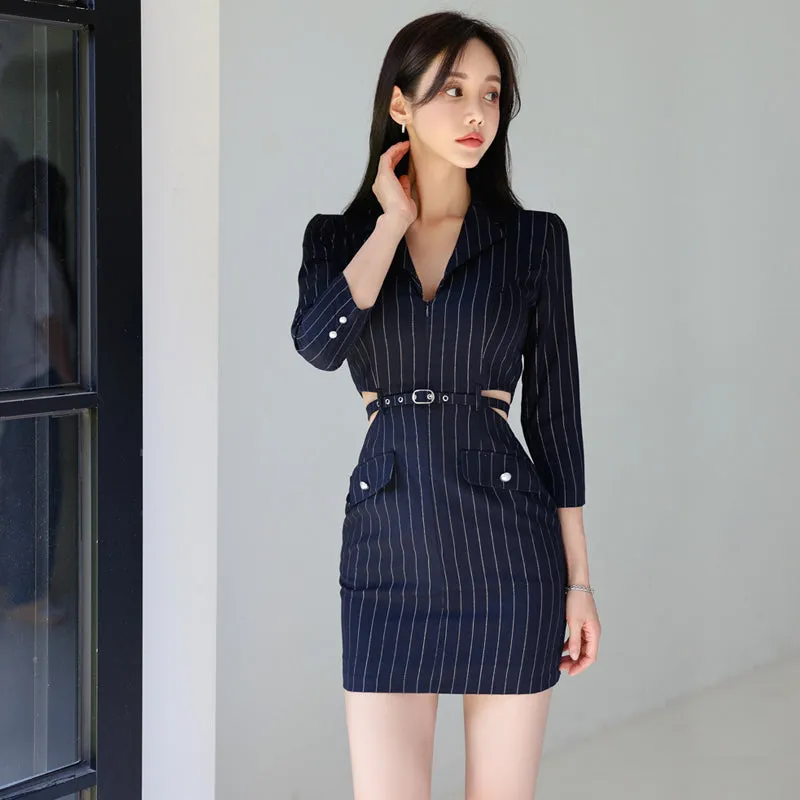 CM-DY026069 Women Elegant Seoul Style Stripe Collar Neckline 3/4 Sleeve Mini Dress
