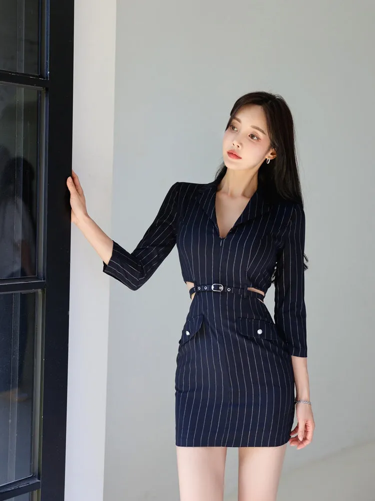CM-DY026069 Women Elegant Seoul Style Stripe Collar Neckline 3/4 Sleeve Mini Dress