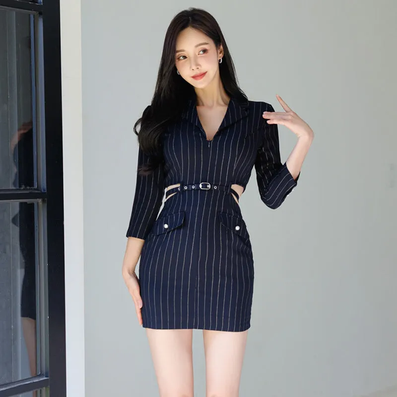 CM-DY026069 Women Elegant Seoul Style Stripe Collar Neckline 3/4 Sleeve Mini Dress