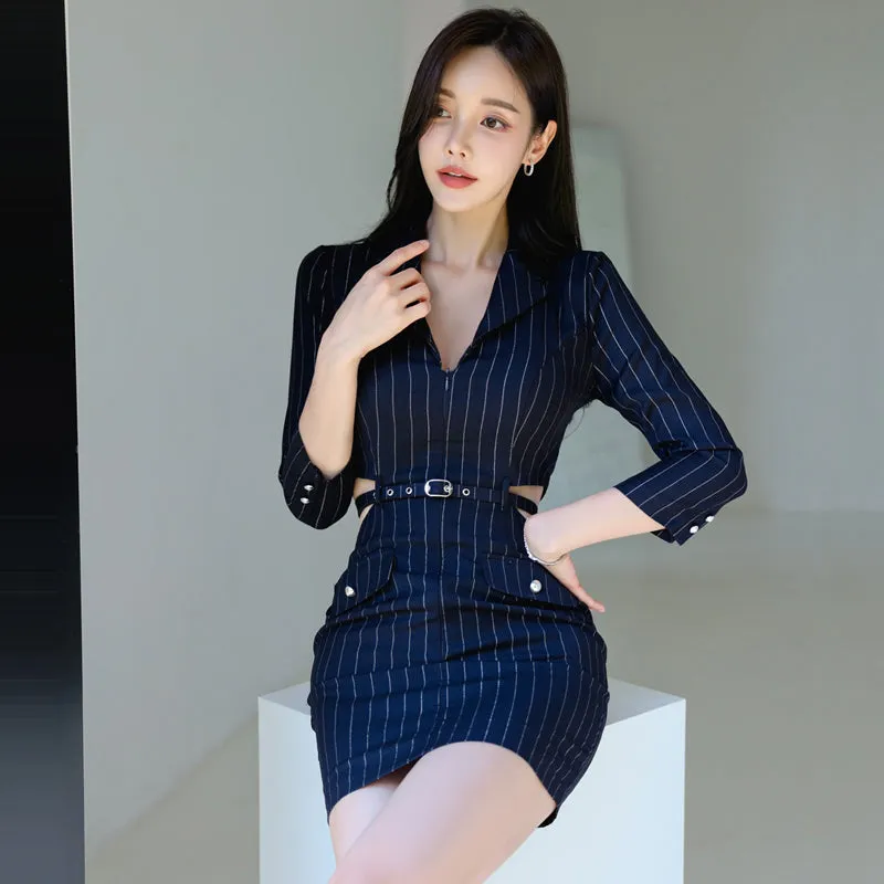 CM-DY026069 Women Elegant Seoul Style Stripe Collar Neckline 3/4 Sleeve Mini Dress