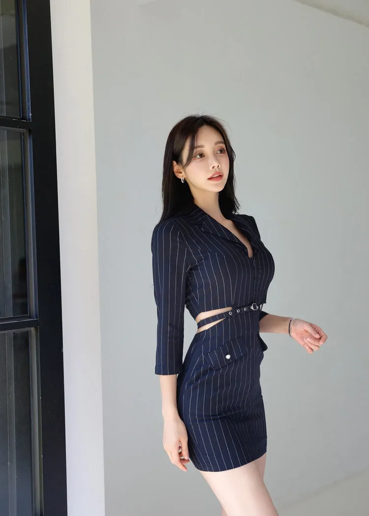 CM-DY026069 Women Elegant Seoul Style Stripe Collar Neckline 3/4 Sleeve Mini Dress