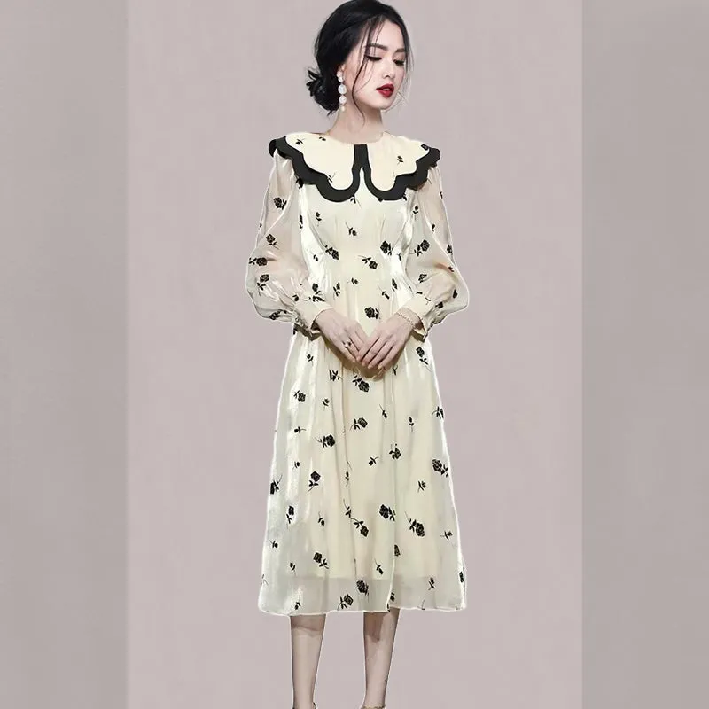 CM-DY081128 Women Elegant European Style Double Collar Lantern Sleeve Dress - Beige