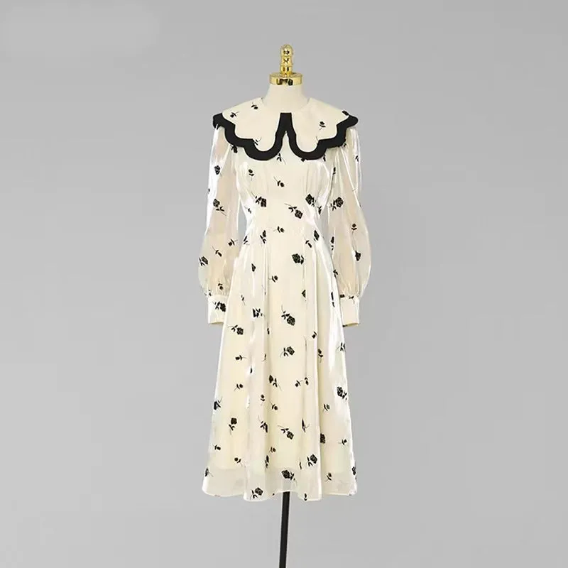 CM-DY081128 Women Elegant European Style Double Collar Lantern Sleeve Dress - Beige