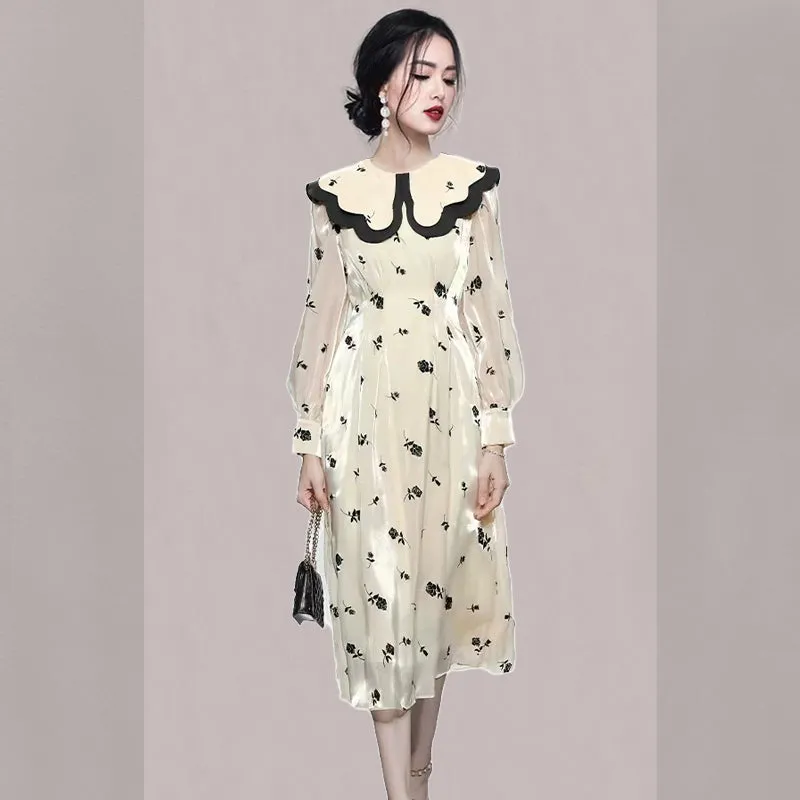CM-DY081128 Women Elegant European Style Double Collar Lantern Sleeve Dress - Beige