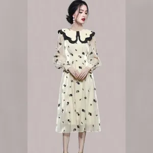 CM-DY081128 Women Elegant European Style Double Collar Lantern Sleeve Dress - Beige
