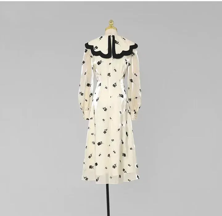 CM-DY081128 Women Elegant European Style Double Collar Lantern Sleeve Dress - Beige