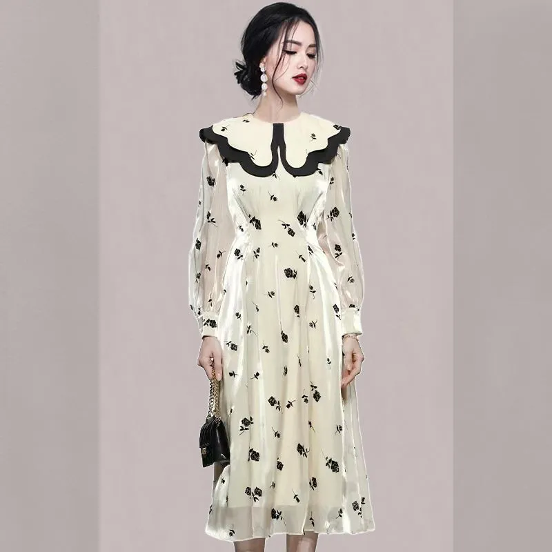 CM-DY081128 Women Elegant European Style Double Collar Lantern Sleeve Dress - Beige