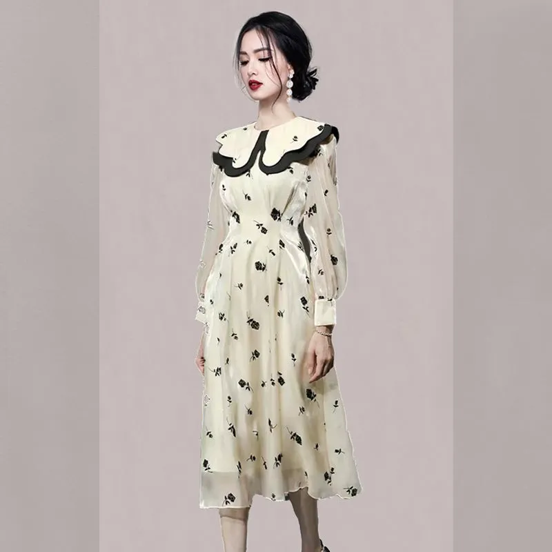 CM-DY081128 Women Elegant European Style Double Collar Lantern Sleeve Dress - Beige