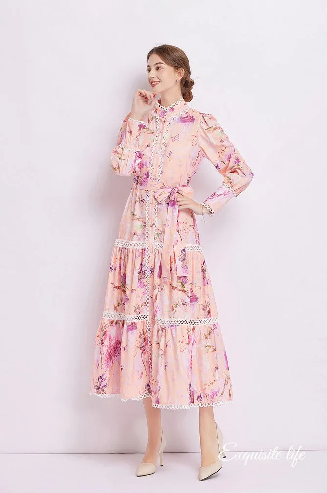 CM-DY082279 Women Elegant European Style Stand Collar Pinched Waist Dress - Pink