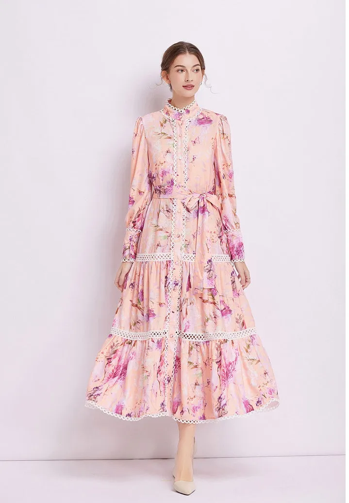 CM-DY082279 Women Elegant European Style Stand Collar Pinched Waist Dress - Pink