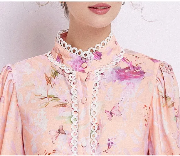 CM-DY082279 Women Elegant European Style Stand Collar Pinched Waist Dress - Pink