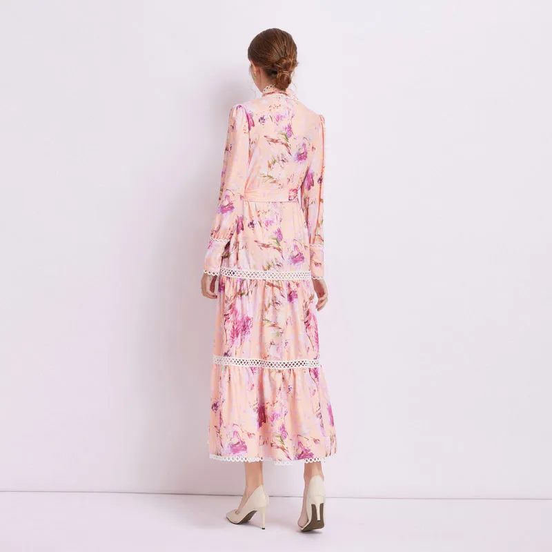 CM-DY082279 Women Elegant European Style Stand Collar Pinched Waist Dress - Pink